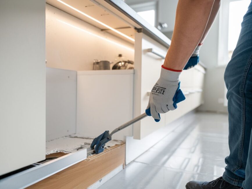 Ręce w rękawicach zdejmujące cokół dolny