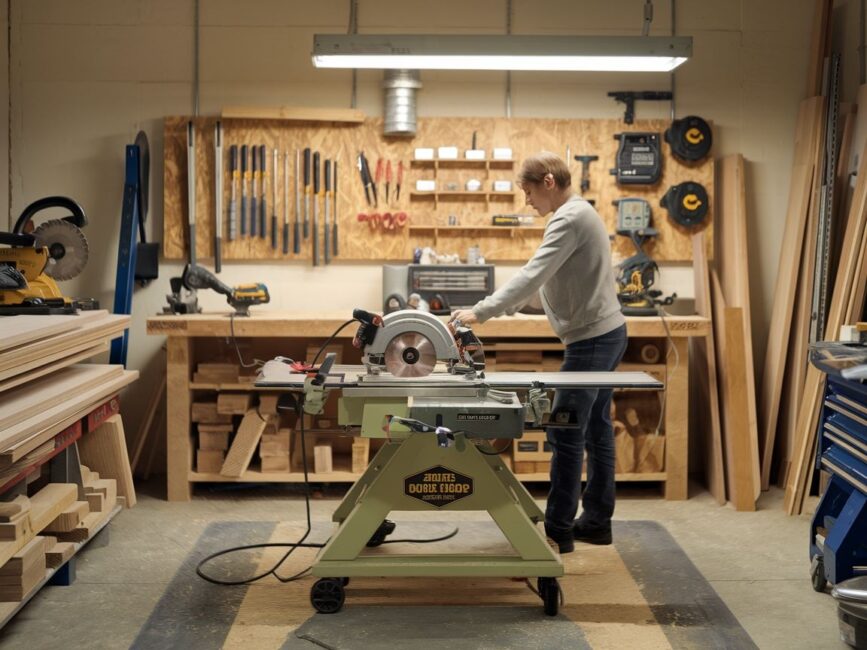 0Widok z góry na stół do piły tarczowej i narzędzia