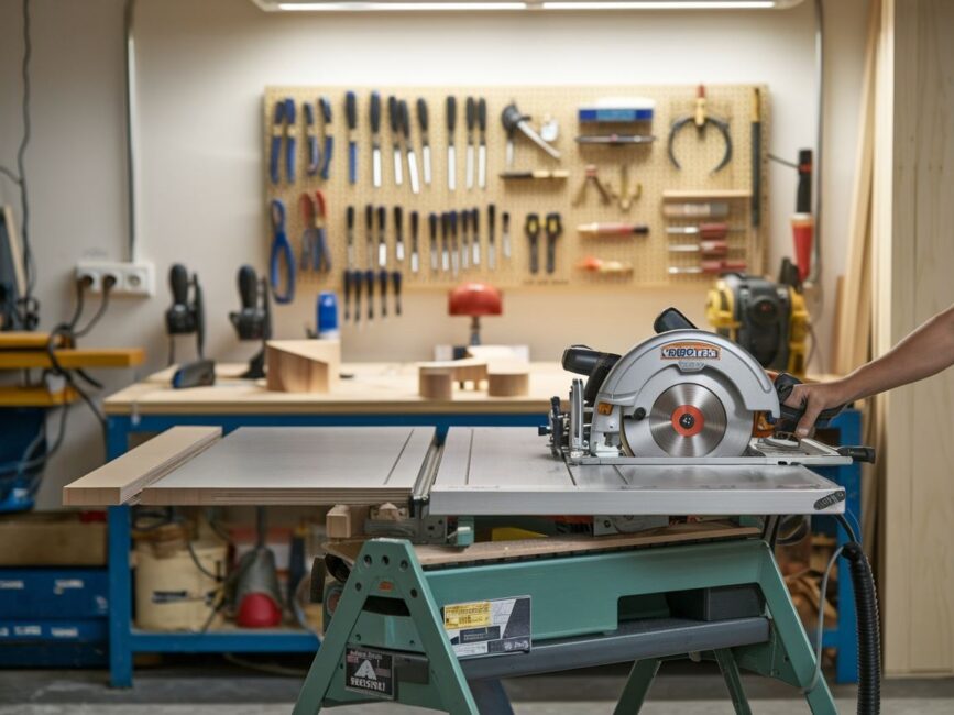 Detale stołu przygotowanego do pracy z piłą tarczową